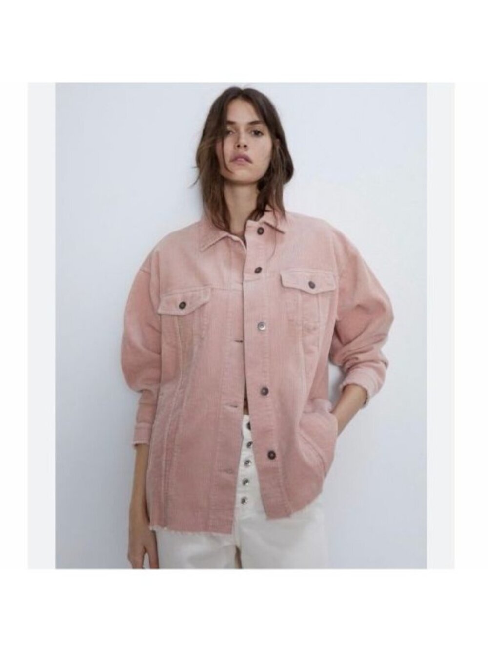 Zara Pink Corduroy Oversized Trucker Jacket Frayed Hem Button Front Size Small